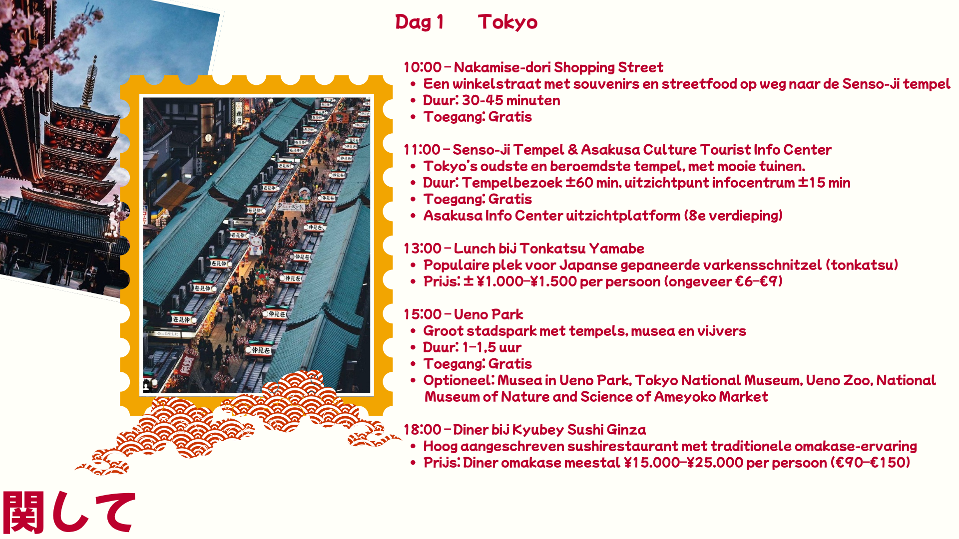 Voorbeeld van een dagplanning in Tokyo met tijden en restaurants
