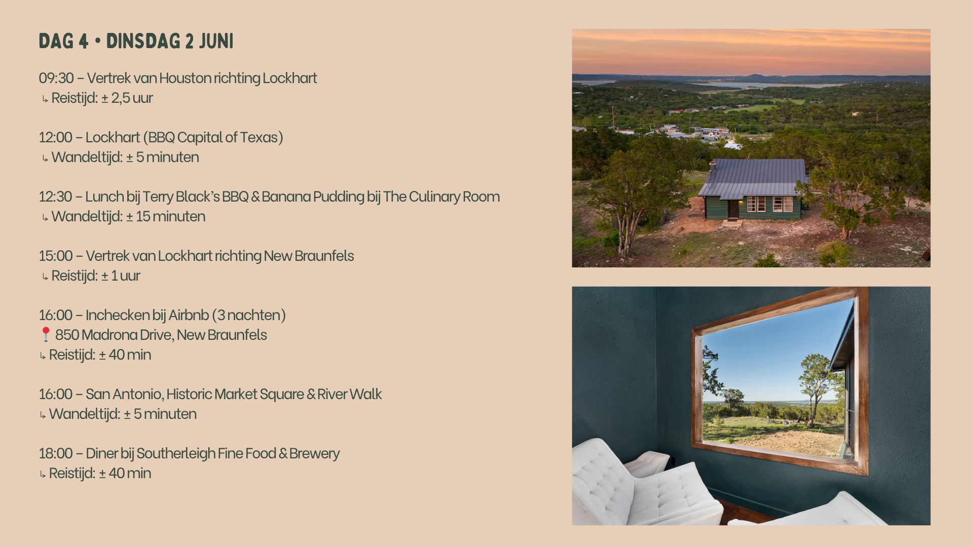 Voorbeeld dagplanning Texas met Airbnb foto's